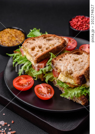 Delicious caprese sandwich with grilled toast, mozzarella, lettuce and tomatoes 101274627