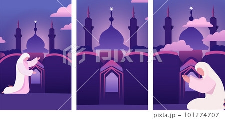 Eid Mubarak. A devout Muslims pray namaz or salah with Mosque Silhouette Backdrop. Great for cards, posters, banner. Vector Illustration. Eid Mubarak. A devout Muslims pray namaz or salah with Mosque Silhouette Backdrop. Great for cards, posters, banner. Vector Illustration. 101274707