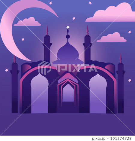Islamic faith banner design. The silhouette of the mosque on the background of the sunset. Have a peaceful holy night. The holy month Ramadan. Vector illustration for banner, cards, posters. Vector. 101274728