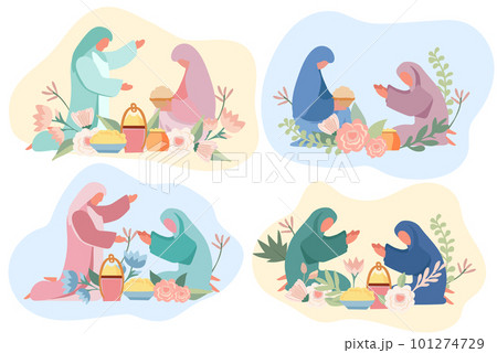 Eid Mubarak. A devout Muslims pray namaz and exchanging presents, extending congratulations to one another. Great for cards, posters, banner. Vector Illustration. 101274729