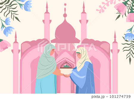 Celebrating Together, A Joyful Muslim Community with Mosque Silhouette Backdrop. A devout Muslims exchanging presents, extending congratulations to one another. Vector Illustration. Celebrating Together, A Joyful Muslim Community with Mosque Silhouette Backdrop. A devout Muslims exchanging presents, extending congratulations to one another. Vector Illustration. 101274739