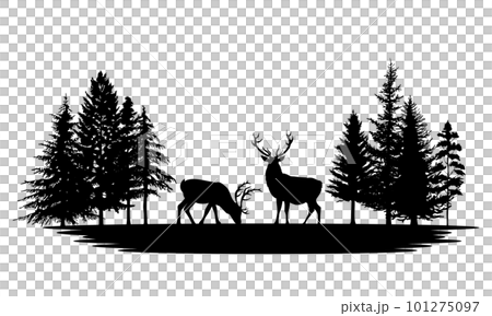 Landscape illustration with deer and coniferous forest. Black outlines of pine and cedar trees. Hand drawn vector illustration. 101275097