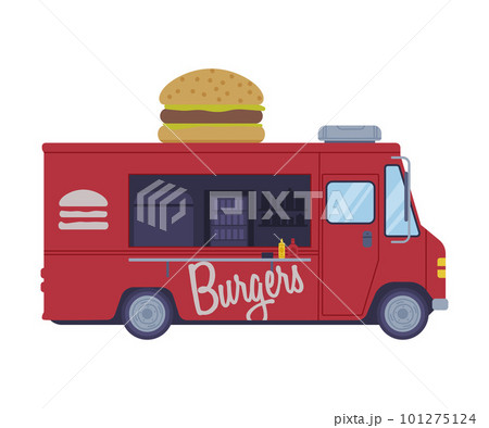 Red Hamburger Food Truck as Equipped Motorized Vehicle for Cooking and Selling Street Food Vector Illustration 101275124