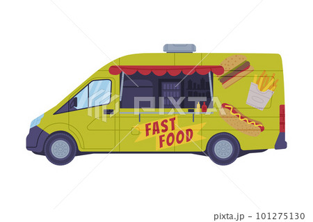 Green Food Truck as Equipped Motorized Vehicle for Cooking and Selling Street Food Vector Illustration 101275130