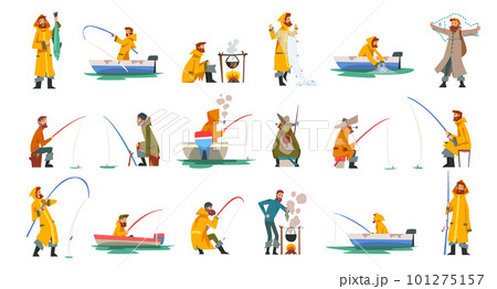 Fisherman with Boat in Coat Capturing and Angling with Fishing Rod Vector Set Fisherman with Boat in Coat Capturing and Angling with Fishing Rod Vector Set 101275157