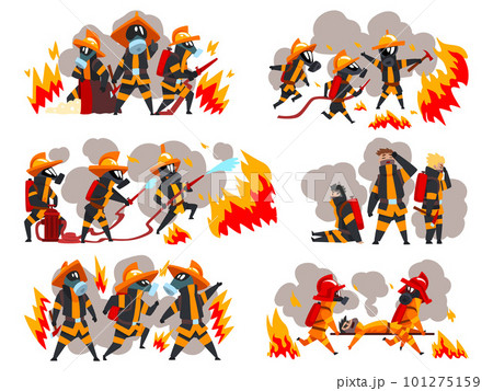 Professional firefighter putting out fire with rescue equipment. Firemen characters in uniform and helmets. Rescue emergency service in action vector Professional firefighter putting out fire with rescue equipment. Firemen characters in uniform and helmets. Rescue emergency service in action vector 101275159