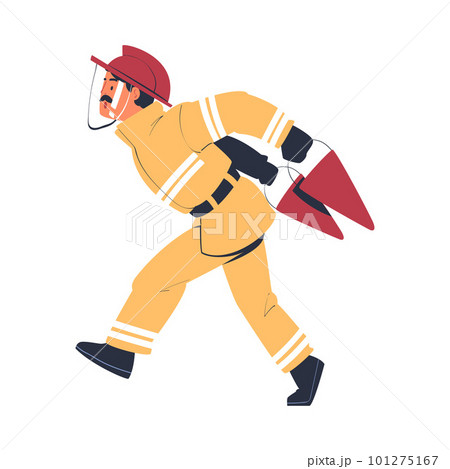 Professional firefighter running with buckets. Fireman character in uniform and hat with rescue equipment. Rescue emergency service in action cartoon vector illustration 101275167