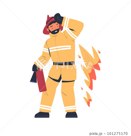 Professional firefighter with extinguisher. Fireman character in uniform and hat with rescue equipment. Rescue emergency service in action cartoon vector 101275170