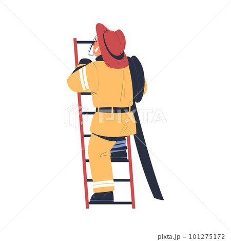 Professional firefighter climbing ladder. View from behind of fireman in uniform and hat with rescue equipment. Rescue emergency service in action cartoon vector Professional firefighter climbing ladder. View from behind of fireman in uniform and hat with rescue equipment. Rescue emergency service in action cartoon vector 101275172