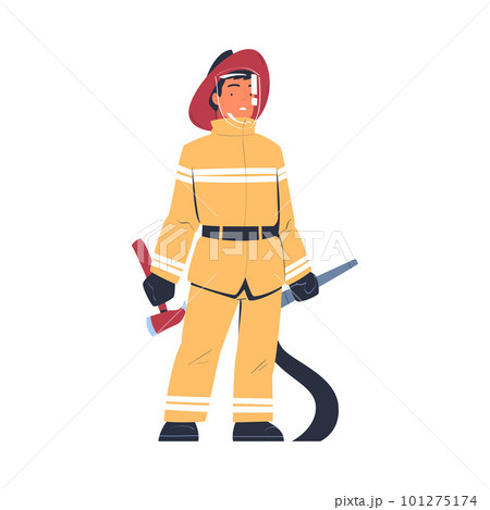Professional firefighter with axe and hose. Fireman character in uniform and hat with rescue equipment. Rescue emergency service in action cartoon vector illustration 101275174