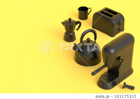 Kettle, toaster, coffee machine with horn and geyser coffee maker on monochrome 101275315