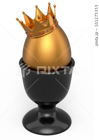 Farm gold egg with gold royal king crown in ceramic egg cup for breakfast 101275353