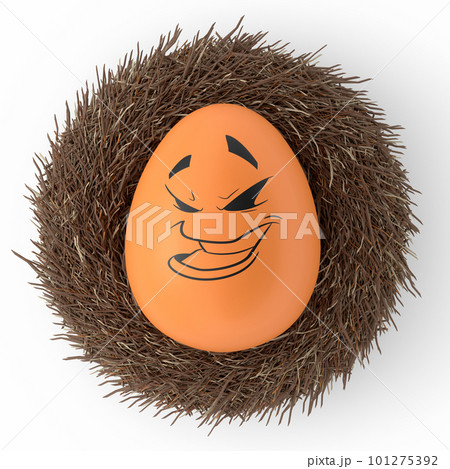 Farm brown painted egg with expressions and funny face in bird nest Farm brown painted egg with expressions and funny face in bird nest 101275392