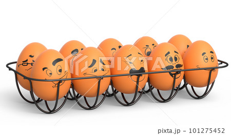 Farm brown egg with expressions and funny face in metal wire tray or cardboard Farm brown egg with expressions and funny face in metal wire tray or cardboard 101275452