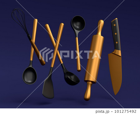 Wooden kitchen utensils, tools and equipment on blue background. Wooden kitchen utensils, tools and equipment on blue background. 101275492