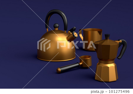 Espresso coffee machine with horn, kettle and geyser coffee maker on blue . Espresso coffee machine with horn, kettle and geyser coffee maker on blue . 101275496