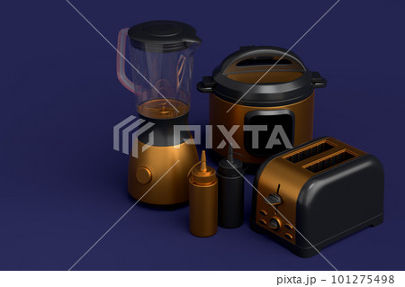 Toaster, kettle with kitchen utensil for preparation of breakfast on blue 101275498
