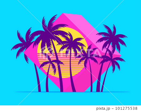 3d cube with palm trees at sunset in the style of the 80s. Futuristic advertising banner with palm trees in virtual reality, metaverse. Synthwave and retrowave style. Vector illustration 101275538