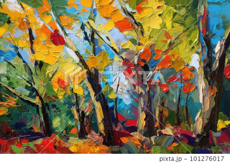 Simple pastose oil painting autumn landscape made with large rough strokes, AI generative image 101276017