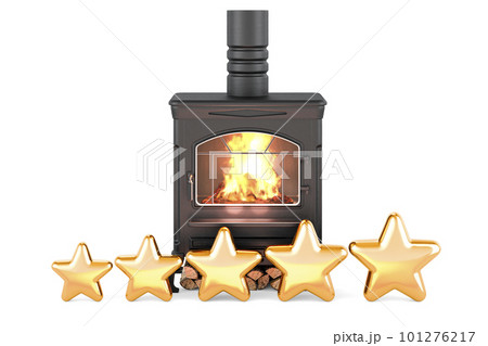 Potbelly stove, wood burner stove with five golden stars, 3D rendering Potbelly stove, wood burner stove with five golden stars, 3D rendering 101276217