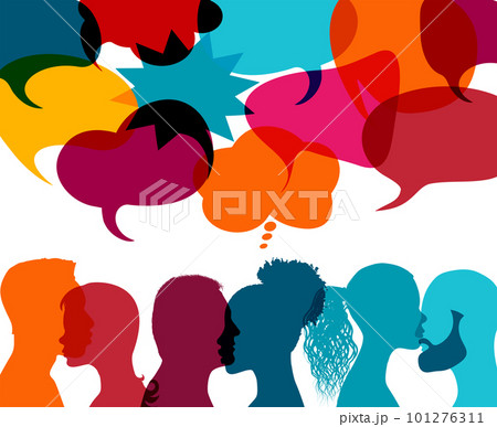 Silhouette heads people in profile whit speech bubble talking and communicating. Communication. Communicate and share ideas and information on social networks. Community concept. To speak Silhouette heads people in profile whit speech bubble talking and communicating. Communication. Communicate and share ideas and information on social networks. Community concept. To speak 101276311