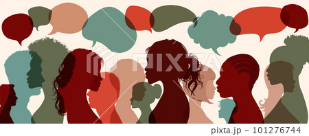Large group diversity people silhouette to the side communicating and sharing ideas and information on social networks.Multiethnic crowd talking.Race equality.Protest.Communication  101276744