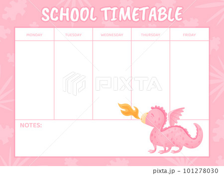 School Timetable with Baby Dragon with Wing and Tail Vector Template 101278030