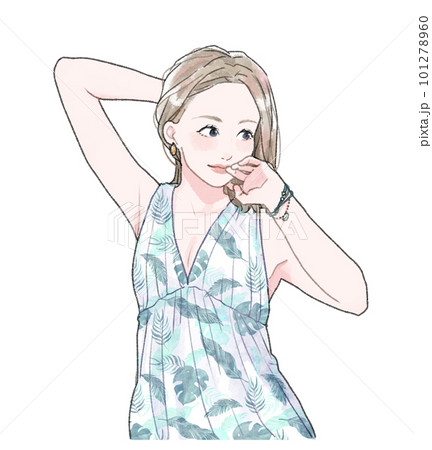 髪をかきあげる女性のイラスト　上半身 101278960