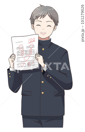 100点満点成績が上がって喜ぶ男子学生のイラスト 101279026