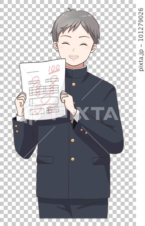 100点満点成績が上がって喜ぶ男子学生のイラスト 101279026