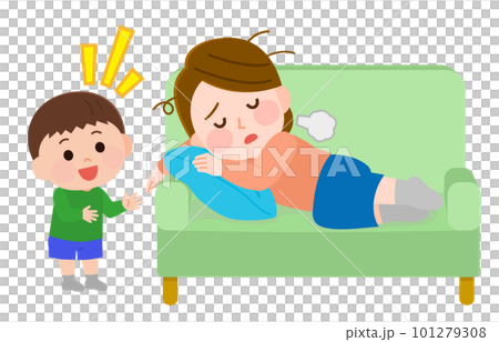 Illustration of a tired woman lying on the sofa and a cheerful child 101279308