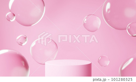 ピンクの背景に浮かぶたくさんの水滴。台座の背景素材。(横長) ピンクの背景に浮かぶたくさんの水滴。台座の背景素材。(横長) 101280325