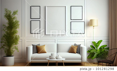 Modern interior design cozy with armchair sofa in living room with and mock up poster frame in white wall at home, lifestyle living room design, empty nobody, 3D render illustration by Generative AI 101281298