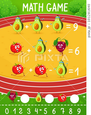 Math game worksheet cartoon avocado, tomato and beet characters on sport stadium, vector mathematics quiz. Math game puzzle for addition and subtraction calculation skills training with vegetables Math game worksheet cartoon avocado, tomato and beet characters on sport stadium, vector mathematics quiz. Math game puzzle for addition and subtraction calculation skills training with vegetables 101281640