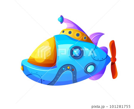 Submarine or cartoon bathyscaphe with periscope, vector underwater boat or funny sea ship. Sub marine boat or bathyscaphe with portholes, toy or game asset submarine in cartoon undersea adventure 101281755