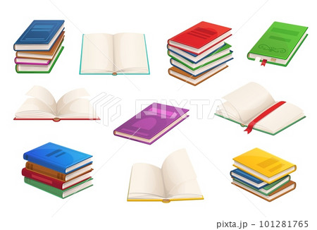 Cartoon books, textbooks and bestsellers, opened books in stacks. Library isolated vector literature books or school education, opened textbooks with bookmark and closed in pile stacks 101281765