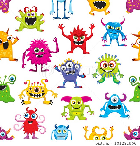 Cartoon monster characters seamless pattern and kids funny creatures vector background. Cute funny monsters and alien animal pattern of bizarre mutant, troll, yeti and goblins or cheerful gremlin 101281906