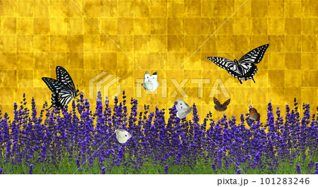 ラベンダー増量！蝶が舞う琳派風アートの背景に、雲の光沢を加えて 101283246
