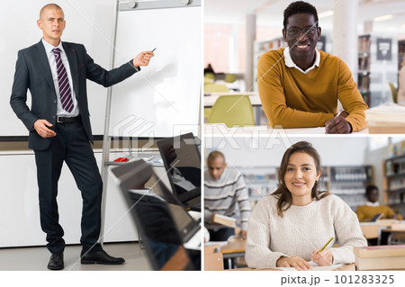 Collage of portraits of interested people teaching and studying Collage of portraits of interested people teaching and studying 101283325