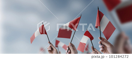 A group of people holding small flags of the Peru in their hands 101284272