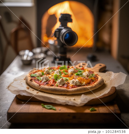 Fresh baking homemade pizza ham, cheese, tomatoes, basil on baking paper over wooden table background. Home baking or delivered fast food. Flat lay, space. Generative AI. 101284536