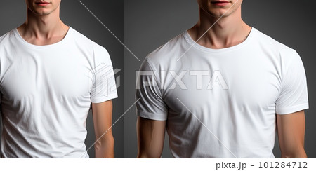 The guy in the white t-shirt. Light t-shirt on a dark background. Layout of the old t-shirt. T-shirt layout on the model.Generative AI. The guy in the white t-shirt. Light t-shirt on a dark background. Layout of the old t-shirt. T-shirt layout on the model.Generative AI. 101284712