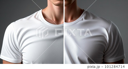 The guy in the white t-shirt. Light t-shirt on a dark background. Layout of the old t-shirt. T-shirt layout on the model.Generative AI. The guy in the white t-shirt. Light t-shirt on a dark background. Layout of the old t-shirt. T-shirt layout on the model.Generative AI. 101284714