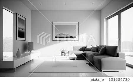 modern minimalistic interior design of light bright monochrome room with black and white furniture, clean white walls and huge windows.Generative AI. modern minimalistic interior design of light bright monochrome room with black and white furniture, clean white walls and huge windows.Generative AI. 101284739