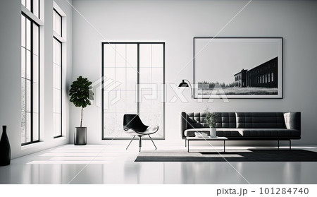 modern minimalistic interior design of light bright monochrome room with black and white furniture, clean white walls and huge windows.Generative AI. modern minimalistic interior design of light bright monochrome room with black and white furniture, clean white walls and huge windows.Generative AI. 101284740