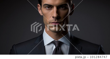 A male model is standing and posing wearing a plain black shirt and suit. Stock photos of product models. Handsome man. Half body and medium close up photos. Generative AI. A male model is standing and posing wearing a plain black shirt and suit. Stock photos of product models. Handsome man. Half body and medium close up photos. Generative AI. 101284747