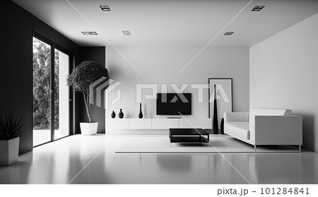 modern minimalistic interior design of light bright monochrome room with black and white furniture, clean white walls and huge windows.Generative AI. modern minimalistic interior design of light bright monochrome room with black and white furniture, clean white walls and huge windows.Generative AI. 101284841