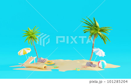 Summer vacation beach abstract background concept, Minimal Realistic Display Podium for Product mock-up or Cosmetics with summer theme, beach umbrella, sand, chairs, inflatable ring. 3d rendering Summer vacation beach abstract background concept, Minimal Realistic Display Podium for Product mock-up or Cosmetics with summer theme, beach umbrella, sand, chairs, inflatable ring. 3d rendering 101285204