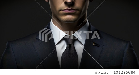 A male model is standing and posing wearing a plain black shirt and suit. Stock photos of product models. Handsome man. Half body and medium close up photos. Generative AI. A male model is standing and posing wearing a plain black shirt and suit. Stock photos of product models. Handsome man. Half body and medium close up photos. Generative AI. 101285684