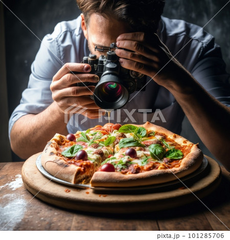 creative food photography blogger taking photo and styling pizza. Generative AI. creative food photography blogger taking photo and styling pizza. Generative AI. 101285706